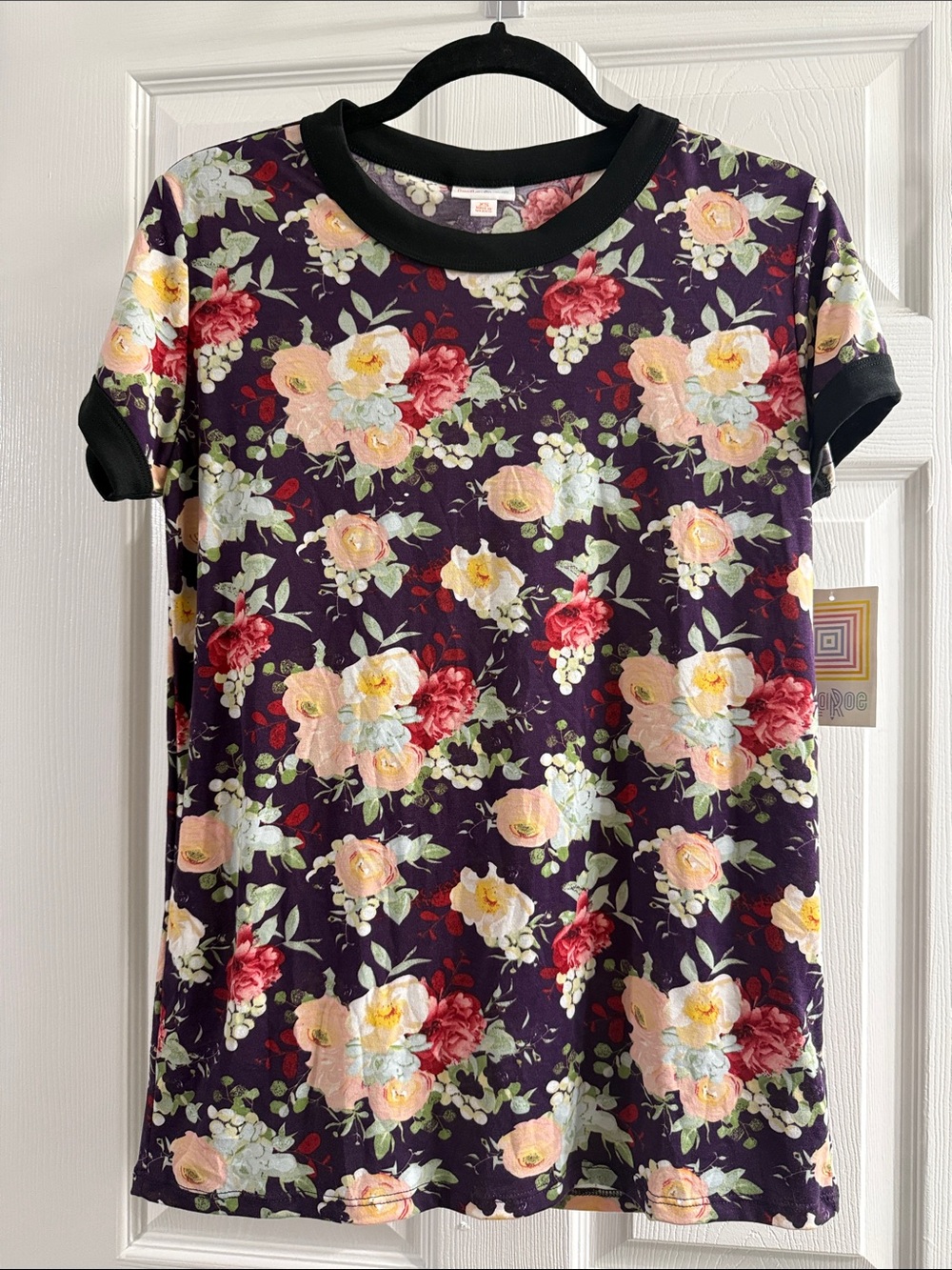 LuLaRoe Floral Purple Short Sleeve Tee with Black Trim